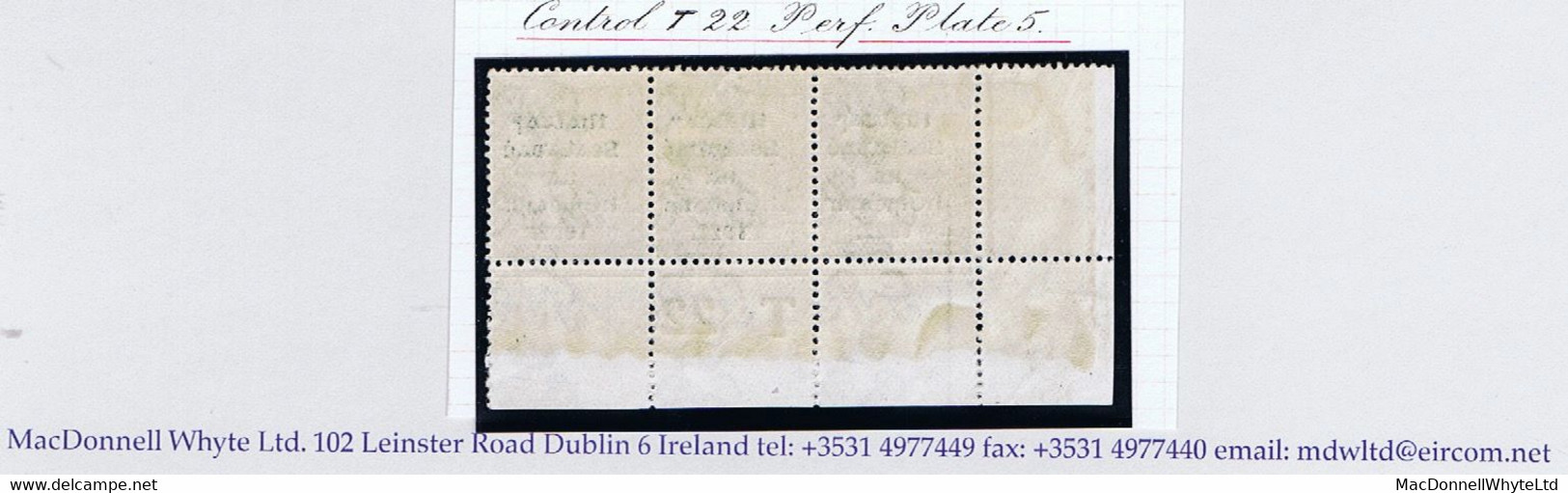 Ireland 1922 Thom Rialtas Blue-black Ovpt 1s Bistre-brown Control T22 Perf Corner Strip 3 Plate 5 Mint Ex Field - Neufs