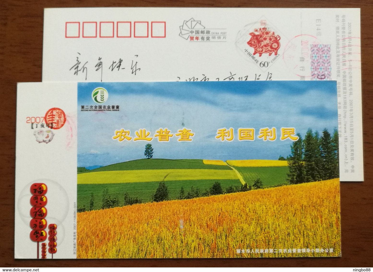 Hillside Planting,China 2007 Lishui City Second National Agricultural Census Advertising Pre-stamped Card - Agriculture