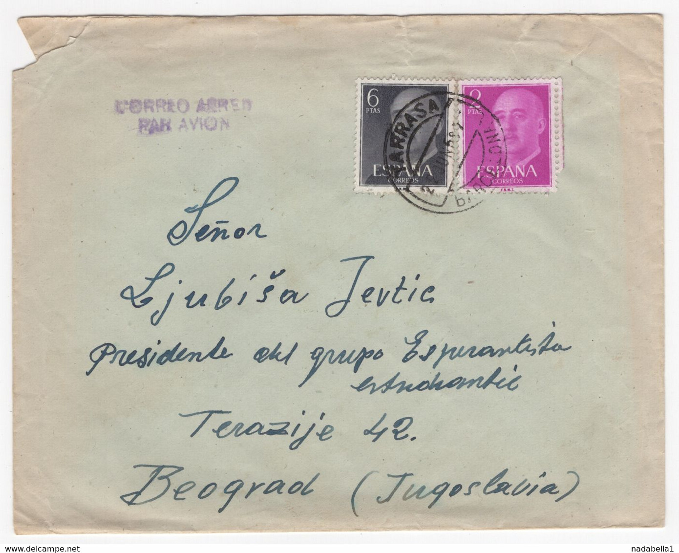 1959. SPAIN, AIRMAIL, TARRASA TO BELGRADE, YUGOSLAVIA, ESPERANTO COVER - Sonstige & Ohne Zuordnung