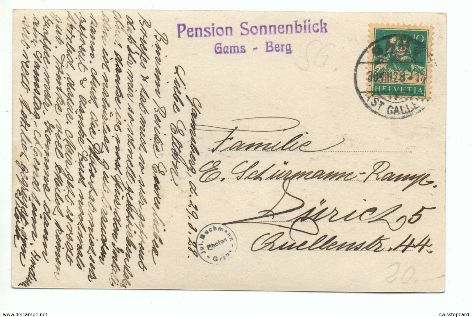 GRABSERBERG Pension Sonnenblick Gel. 1928 V. Gams Stempel Pension - Gams