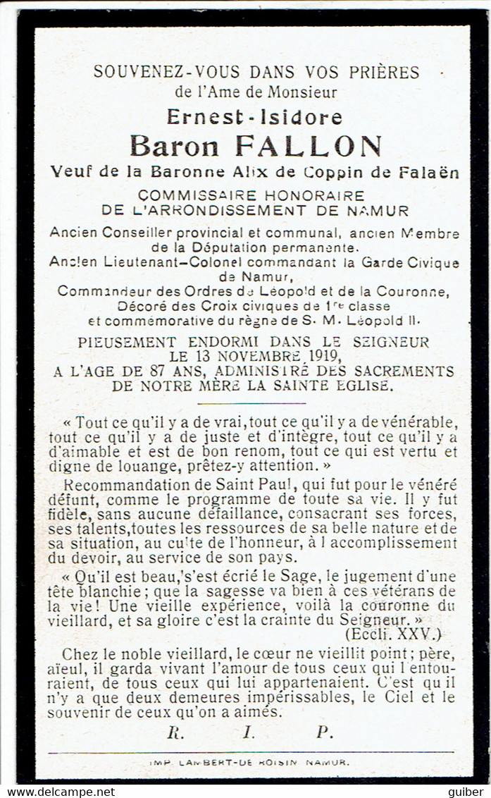 Ernest Isidore Baron Fallon Veuf De La Baronne Alix-marie De Coppin De Falaen Décedé A La Plante 22/8/1876 - Obituary Notices