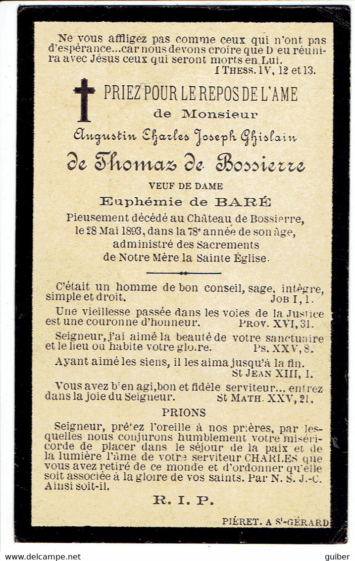 Augustin Charles Joseph Ghislain De Thomaz De Bossiere Decede 28/5/1893 Au Chateau De Bossiere Imp.pierret St Gerard - Obituary Notices