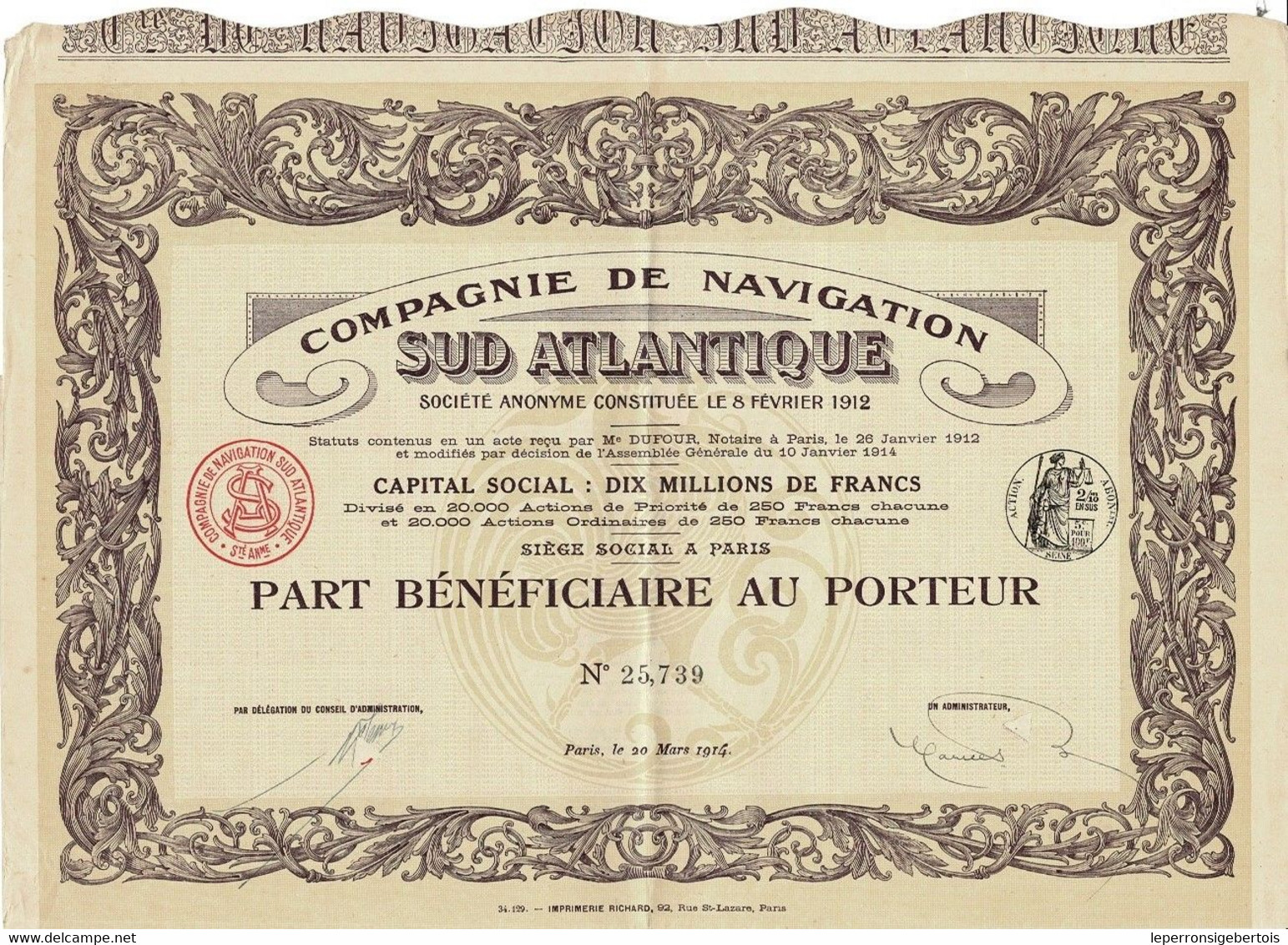 Titre Ancien - Compagnie De Navigation Sud Atlantique - Société Anonyme - Titre De 1914 - Imprimerie Richard - Navigation