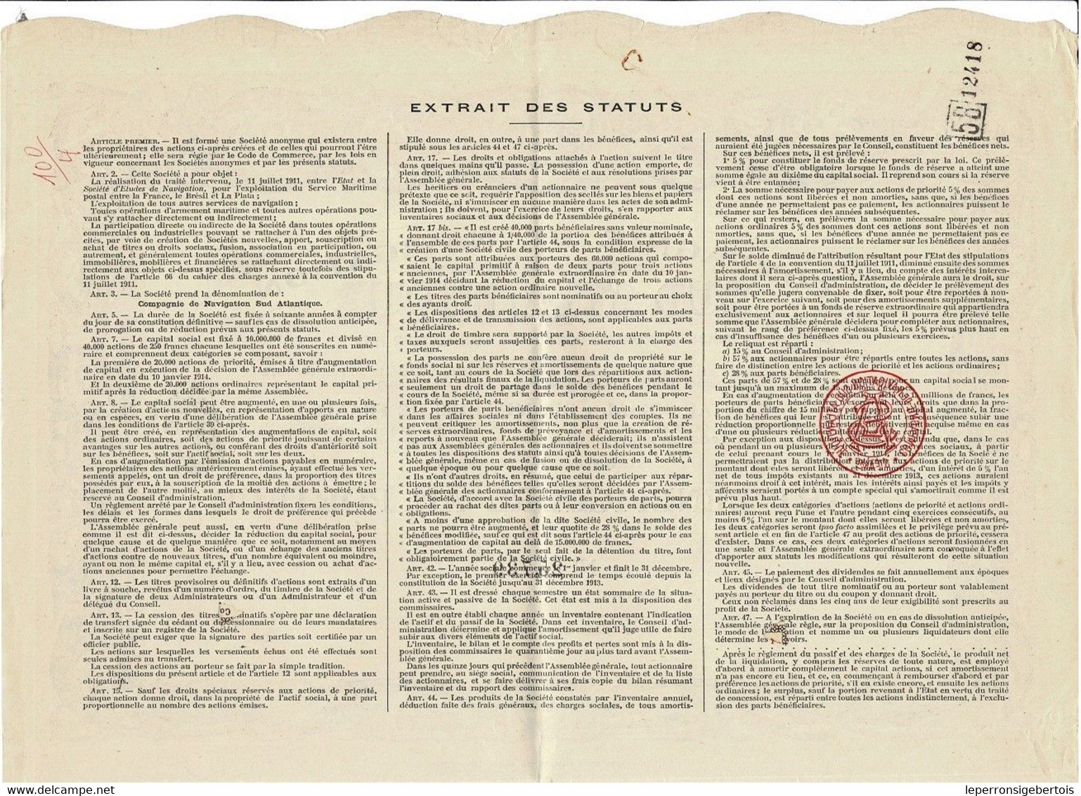 Titre Ancien - Compagnie De Navigation Sud Atlantique - Société Anonyme - Titre De 1914 - Imprimerie Richard - Navigation