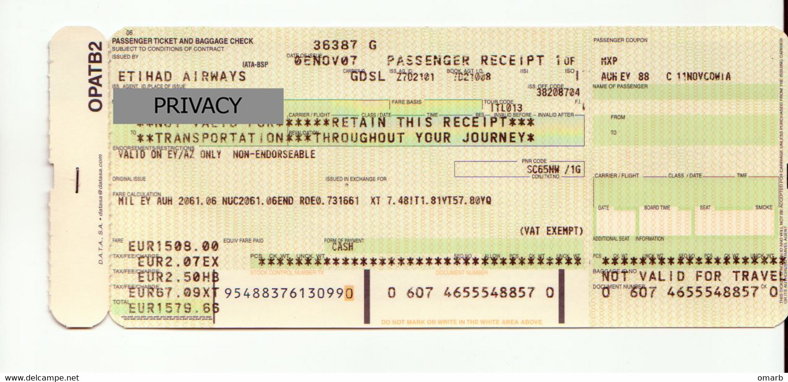 Alt1126 Etihad Airways Billets Avion Ticket Biglietto Aereo Boarding Passenger Receipt Imbarco Milano Abu Dhabi EAU 2007 - Monde