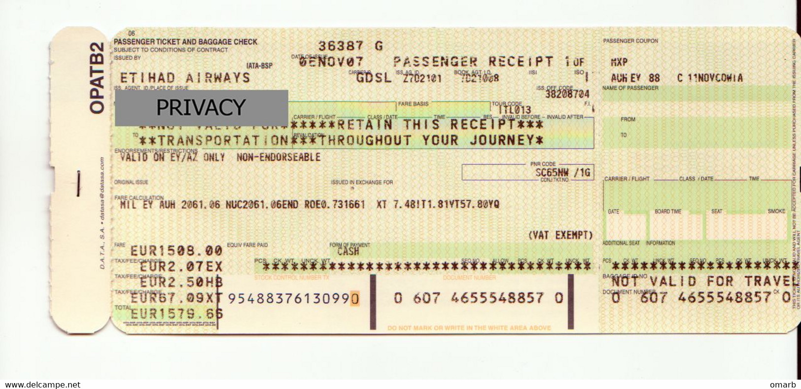 Alt1126 Etihad Airways Billets Avion Ticket Biglietto Aereo Boarding Passenger Receipt Imbarco Milano Abu Dhabi EAU 2007 - World