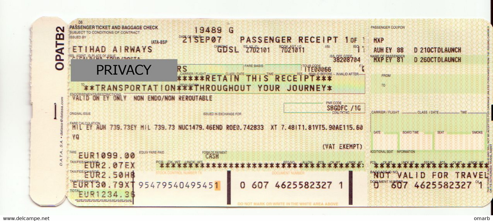 Alt1127 Etihad Airways Billets Avion Ticket Biglietto Aereo Boarding Passenger Receipt Imbarco Abu Dhabi Milano Malpensa - Monde