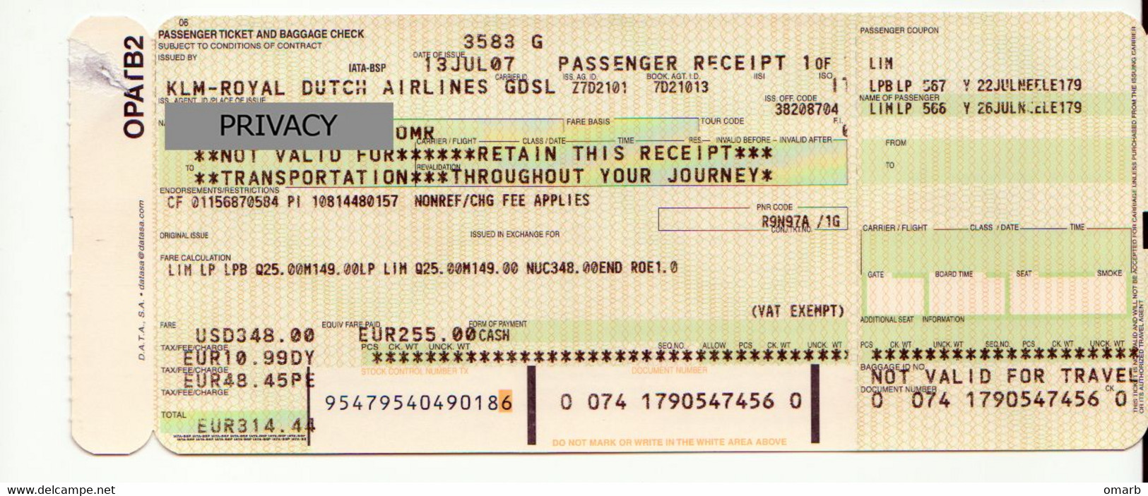 Alt1129 KLM Royal Dutch Airways Billets Avion Ticket Biglietto Aereo Boarding Passenger Receipt Lima, El Alto, Bolivia - World