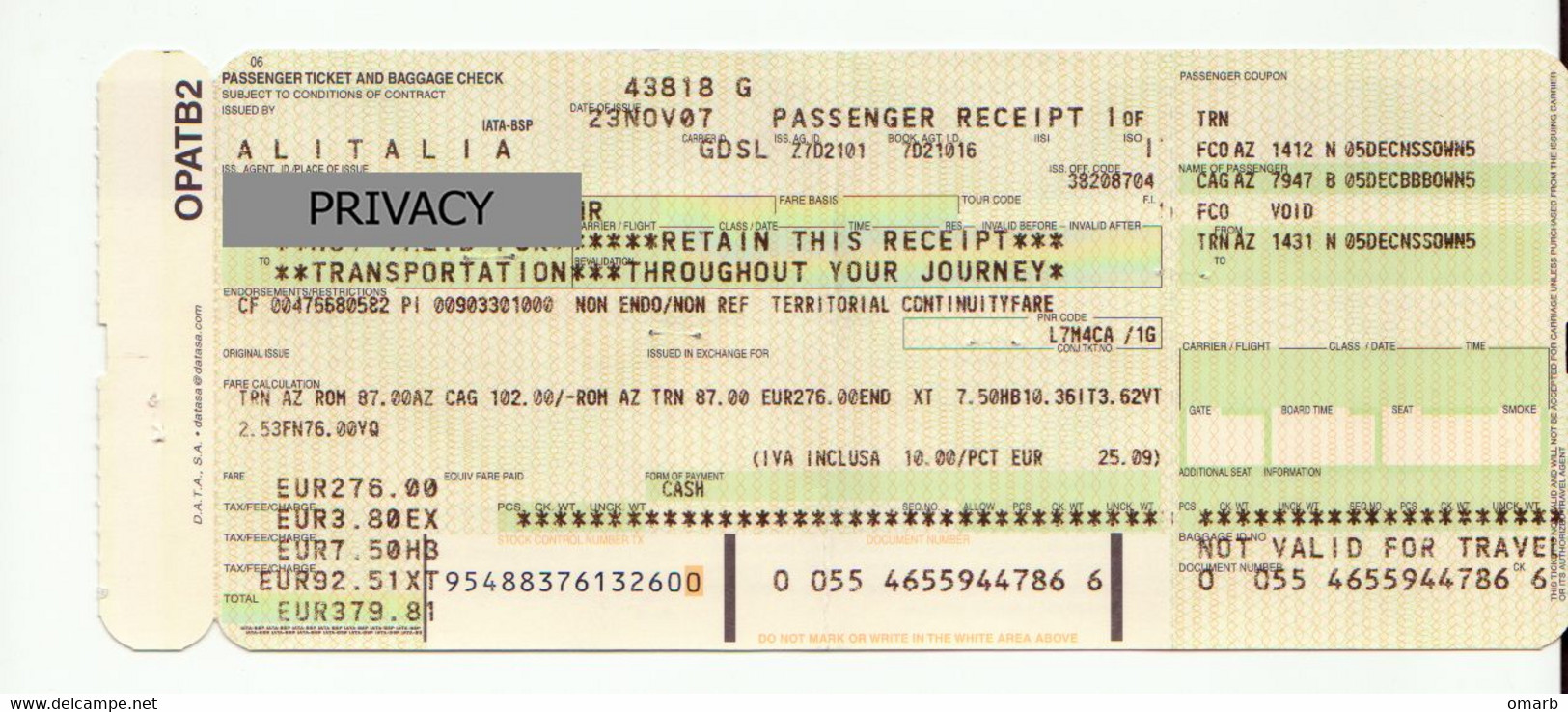 Alt1132 Alitalia Airways Billets Avion Ticket Biglietto Aereo Boarding Pass Passenger Receipt Torino Roma Cagliari - Europa