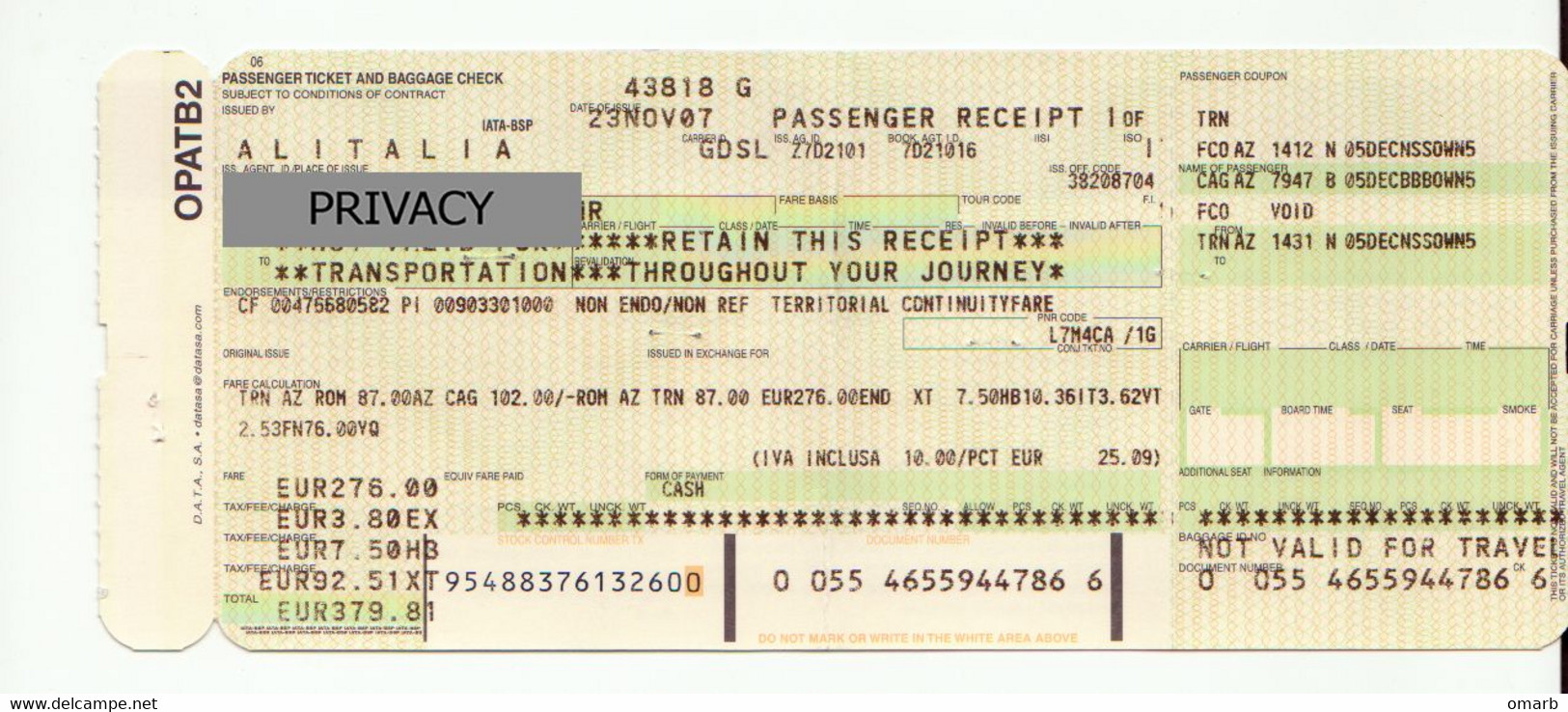 Alt1132 Alitalia Airways Billets Avion Ticket Biglietto Aereo Boarding Pass Passenger Receipt Torino Roma Cagliari - Europe