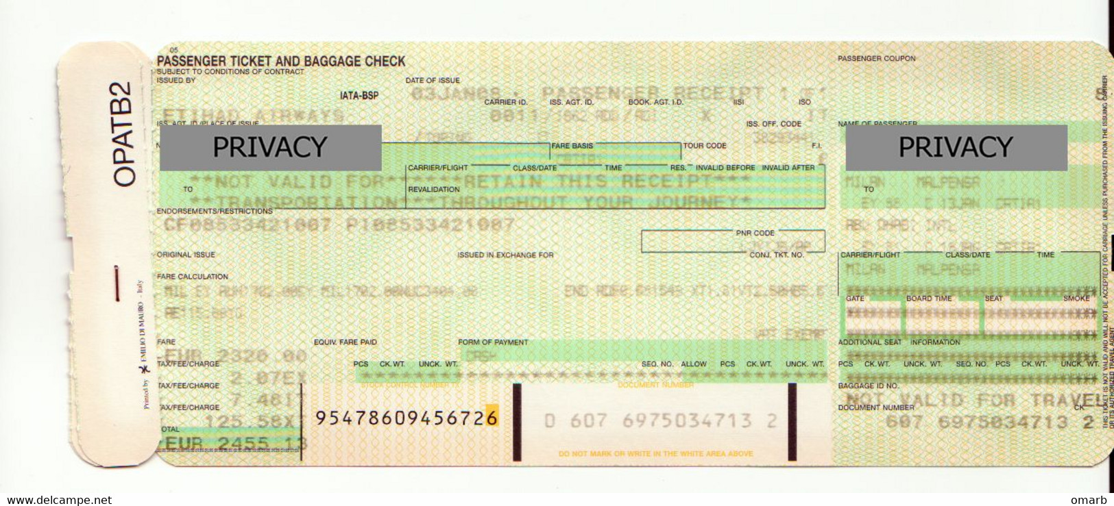 Alt1130 Etihad Airways Billet Avion Ticket Biglietto Aereo Boarding Pass Passenger Receipt Imbarco MXP Abu Dhabi Airport - Monde