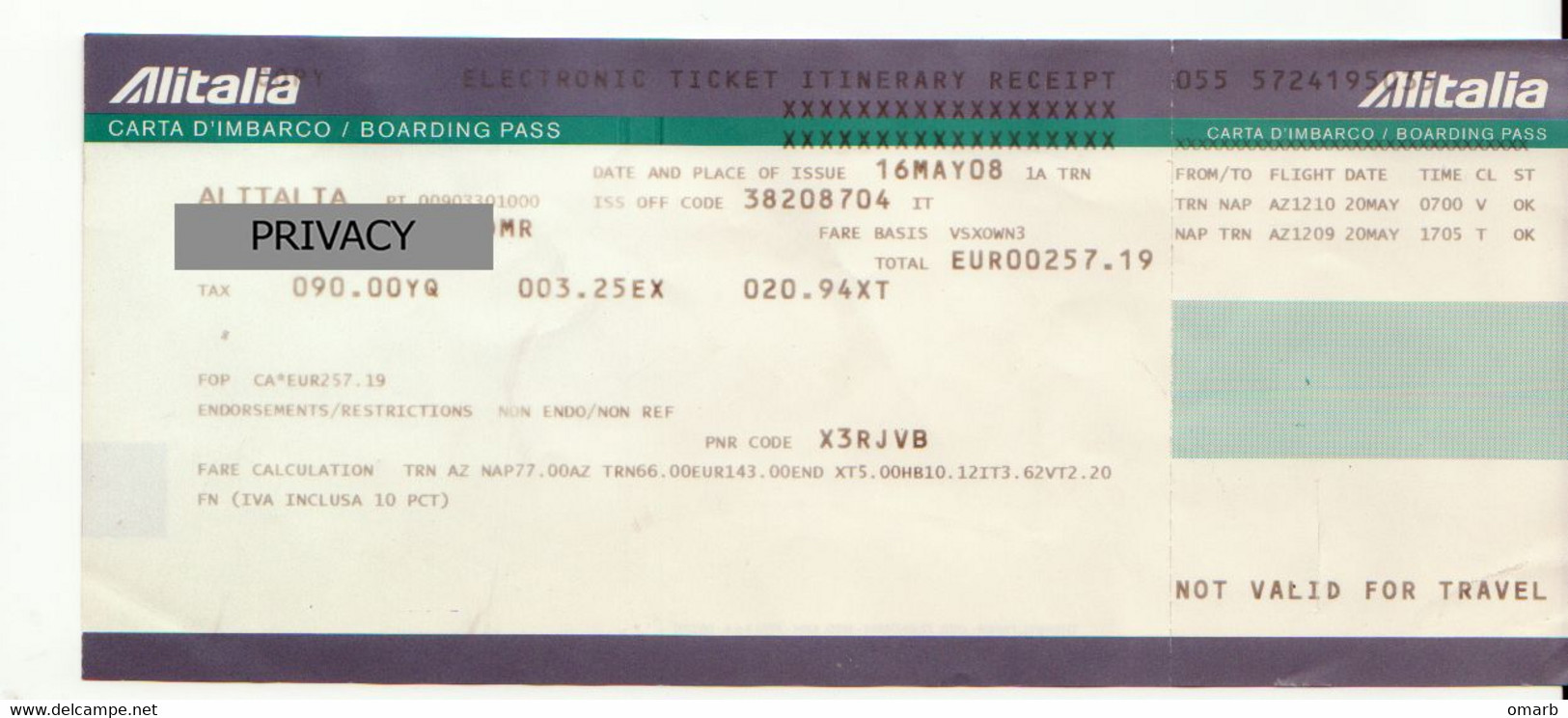 Alt1131 Alitalia Airways Billet Avion Ticket Biglietto Aereo Boarding Pass Passenger Itinerary Receipt Torino Napoli - Europa