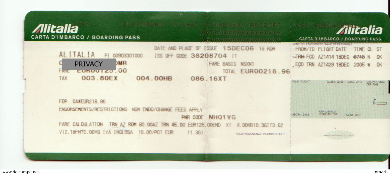 Alt1136 Alitalia Airways Billet Avion Ticket Biglietto Aereo Boarding Pass Passenger Itinerary Receipt Torino Roma - Europa