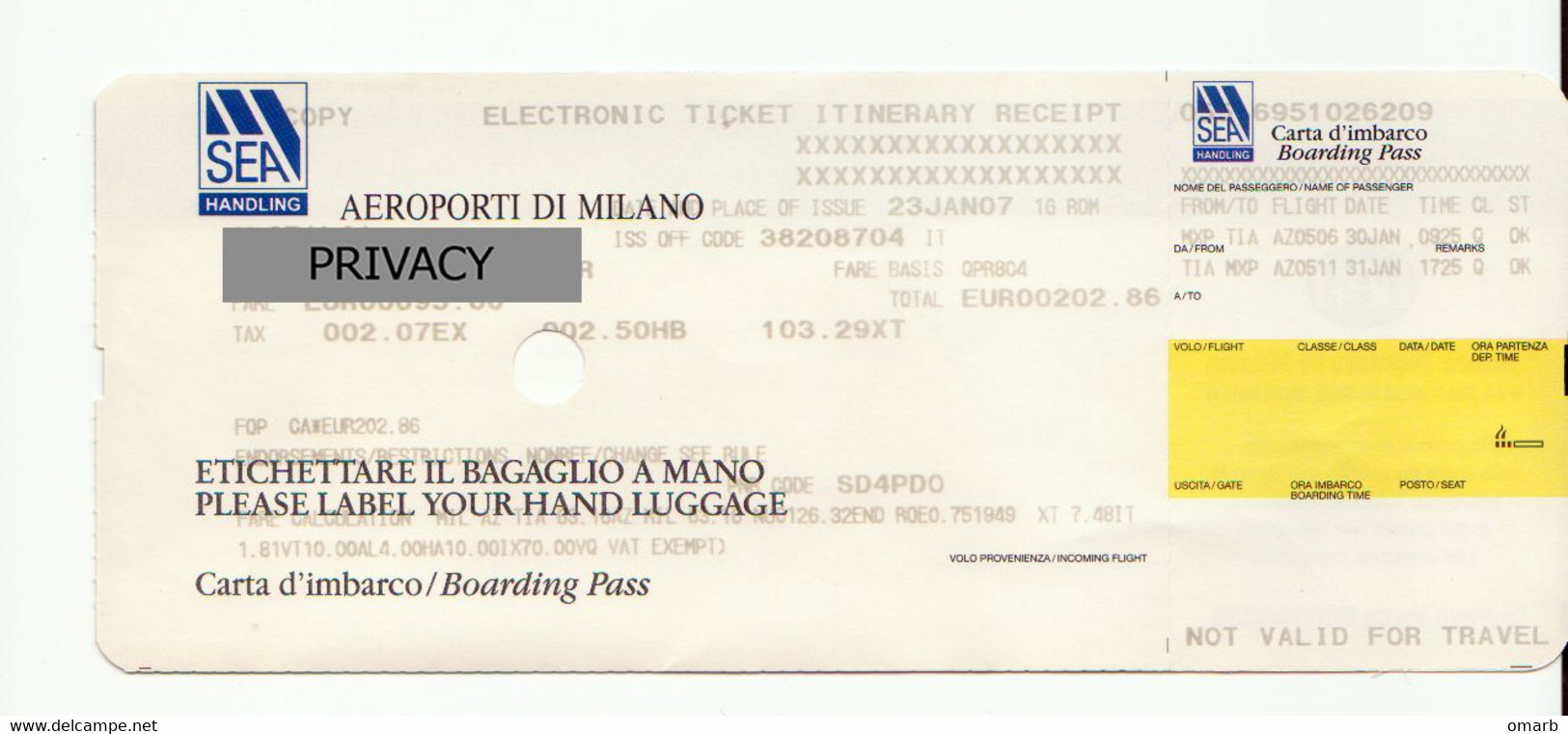 Alt1133 Alitalia Airways Billet Avion Ticket Biglietto Aereo Boarding Pass Passenger Itinerary Receipt Tirana Albania - Europe