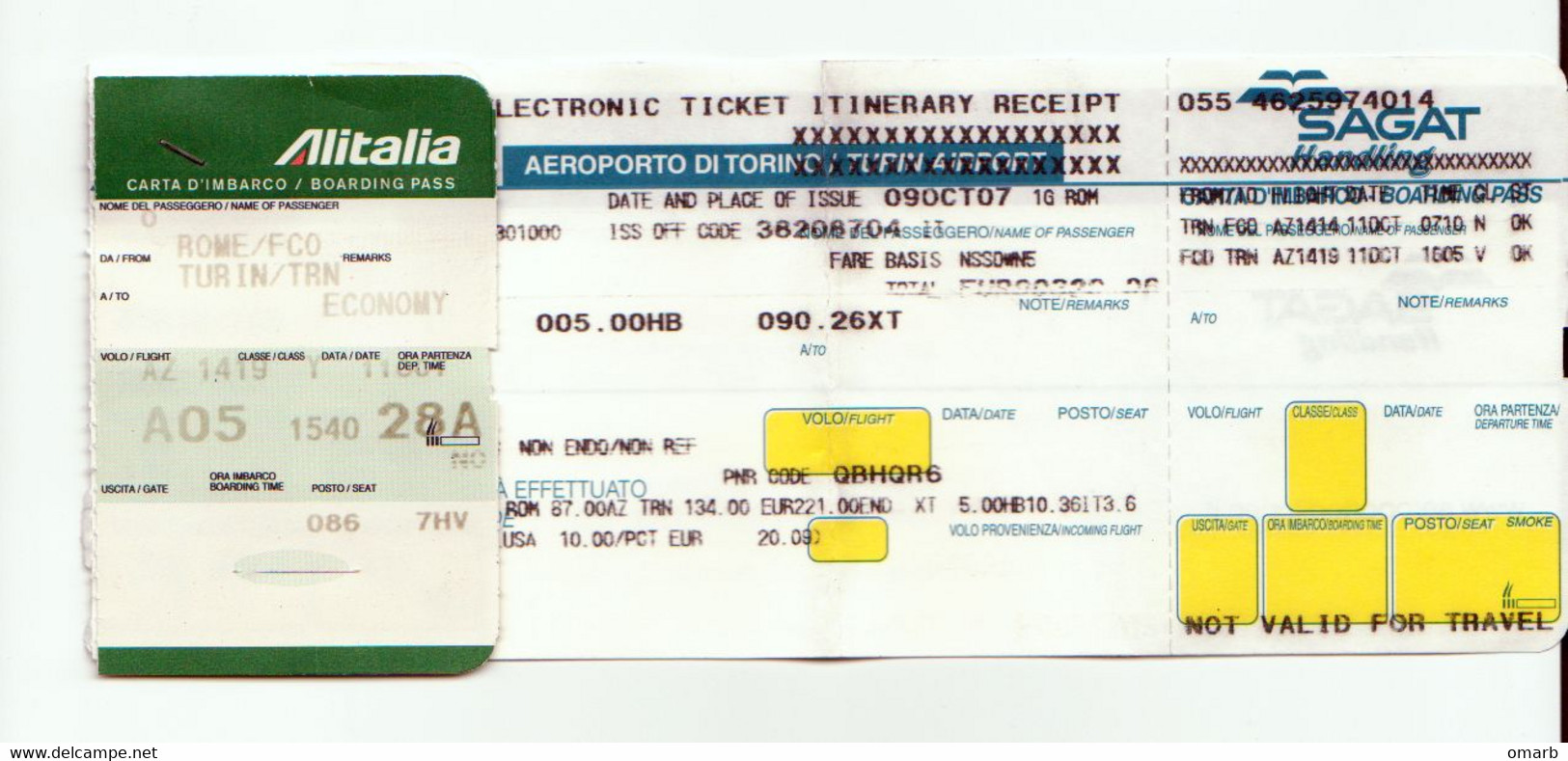 Alt1135 Alitalia Airways Billet Avion Ticket Biglietto Aereo Boarding Pass Passenger Itinerary Receipt Torino Roma - Europe