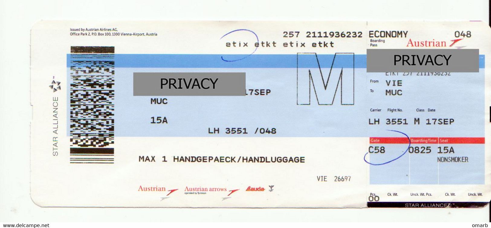 Alt1134 Austrial Airlines Lauda Airways Billet Avion Ticket Biglietto Aereo Boarding Pass Wien Munchen - Europe