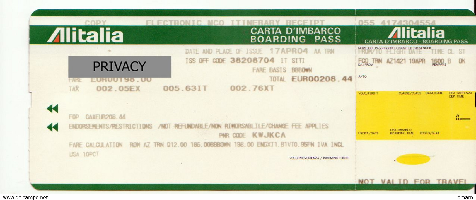 Alt1134 Alitalia Airlines Airways Billet Avion Ticket Biglietto Aereo Boarding Pass Itinerary Receipt TRN FCO - Europe