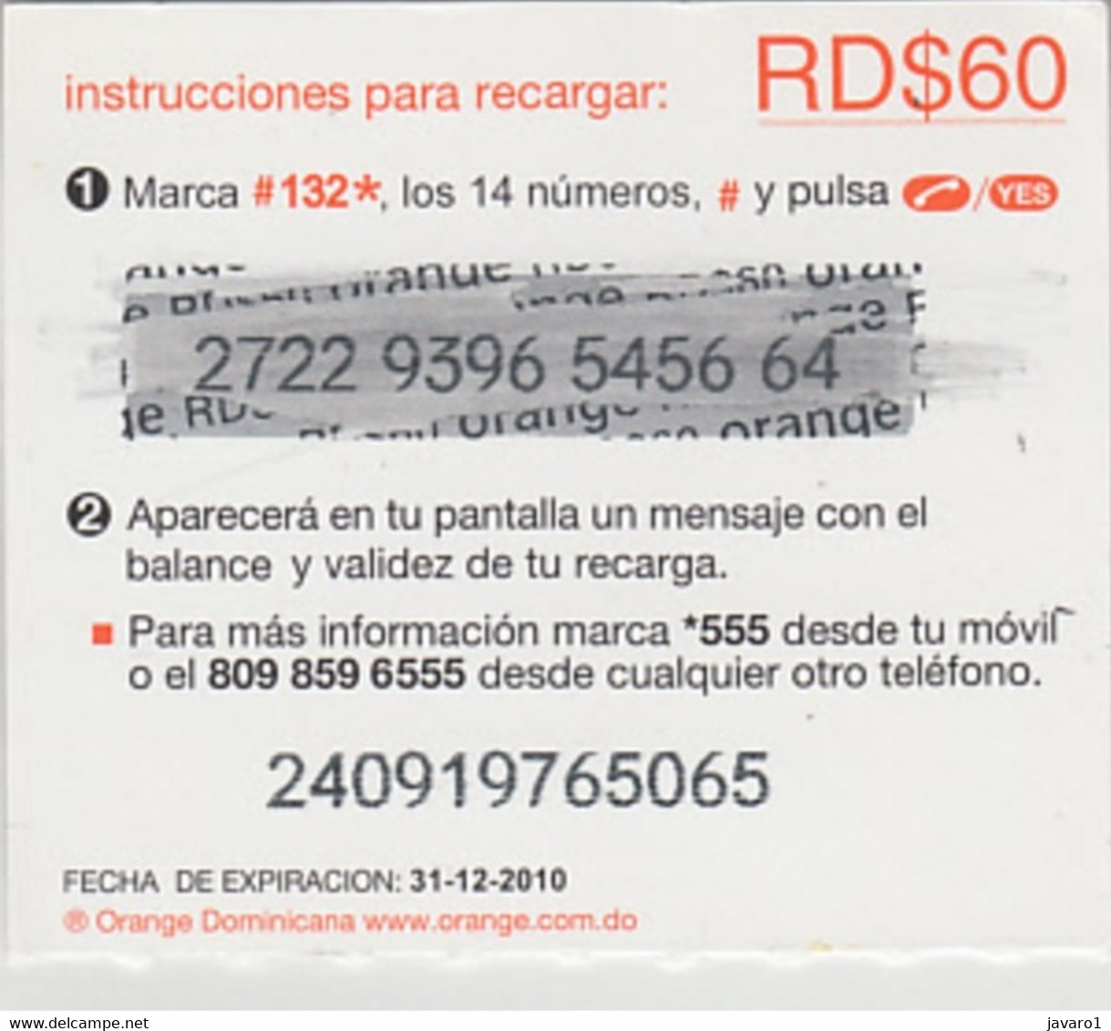 ORANGE : OR-28 RD$60 Wall Painting Girl (ticket) USED Exp: 31/12/2010 - Dominicaanse Republiek