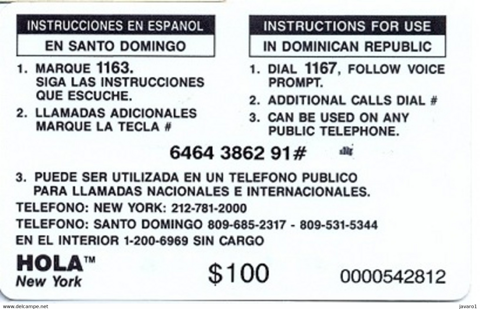 HOLA : DMH31D $100 HOLA NewYork! (reverse 4) USED - Dominicana