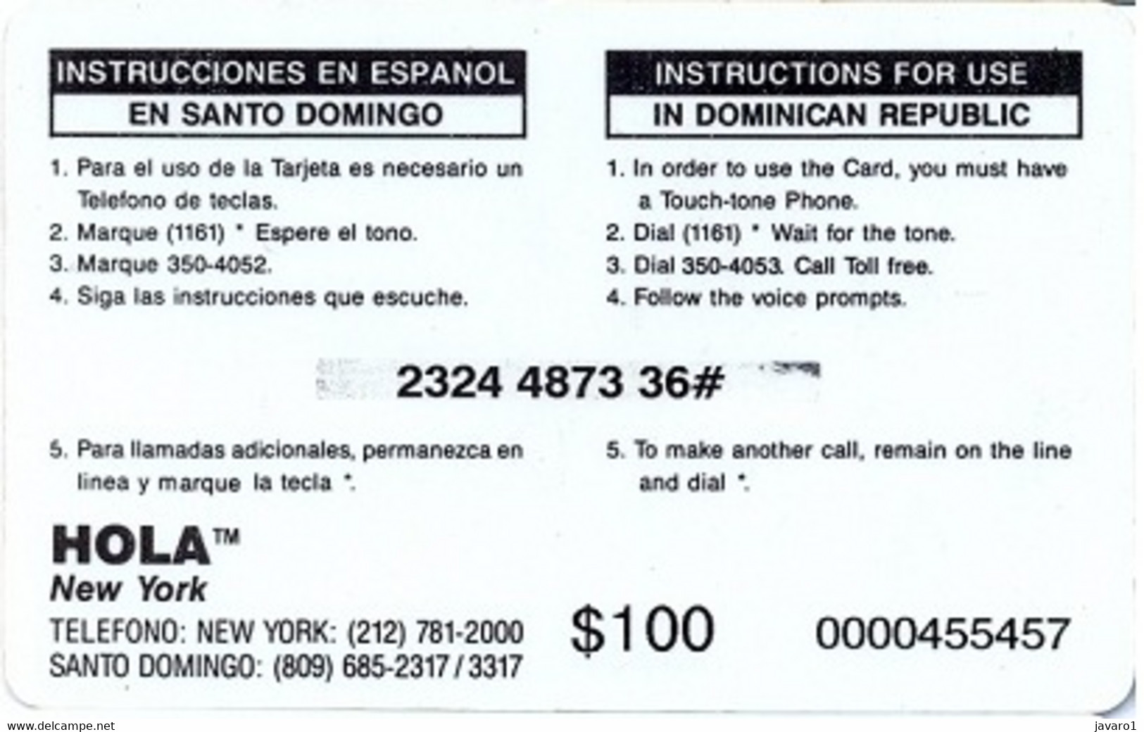 HOLA : DMH31C $100 HOLA NewYork! (reverse 3) USED - Dominik. Republik