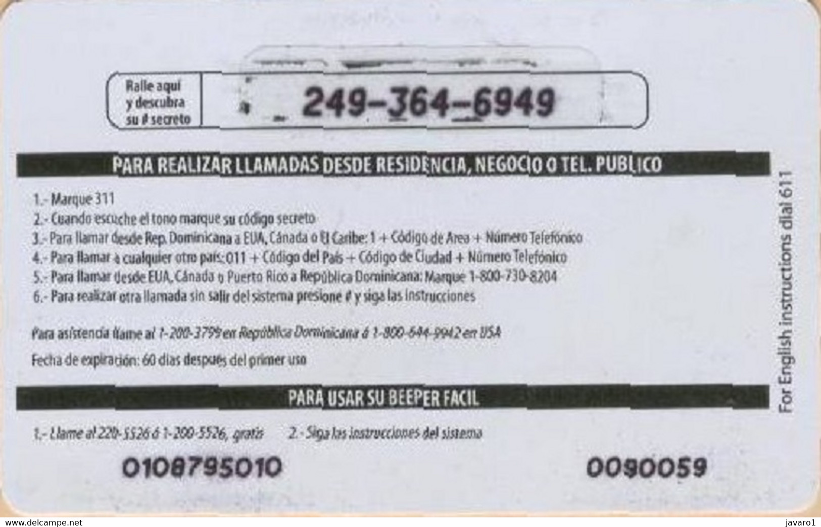 CODETEL : DMC108A RD$50 Yellow Telephone Receiver USED - Dominik. Republik
