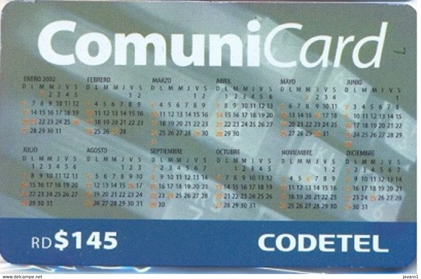 CODETEL : DMC103 RD$145 Calendar 2002 USED - Dominicaine