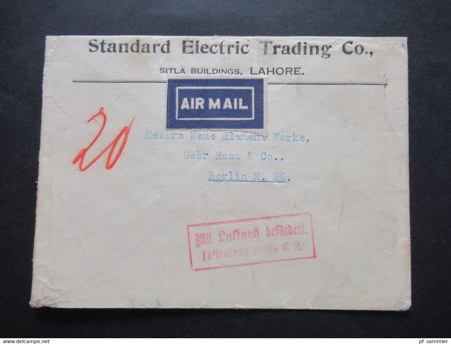 1930 Air Mail LuPo Marken Nr. 119 U. 121 Standart Electric Trading Lahore - Berlin. Roter Stp. Mit Luftpost Befördert - 1911-35  George V