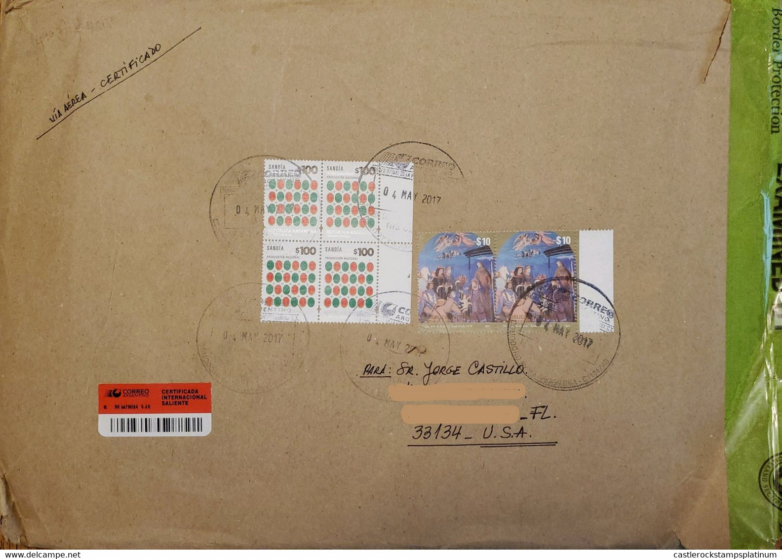A) 2017, ARGENTINA, AEIRAL, CERTIFICED, SHIPPED TO FLORIDA-UNITED STATES, WATERMELON AND CHRISTMAS STAMPS - Used Stamps
