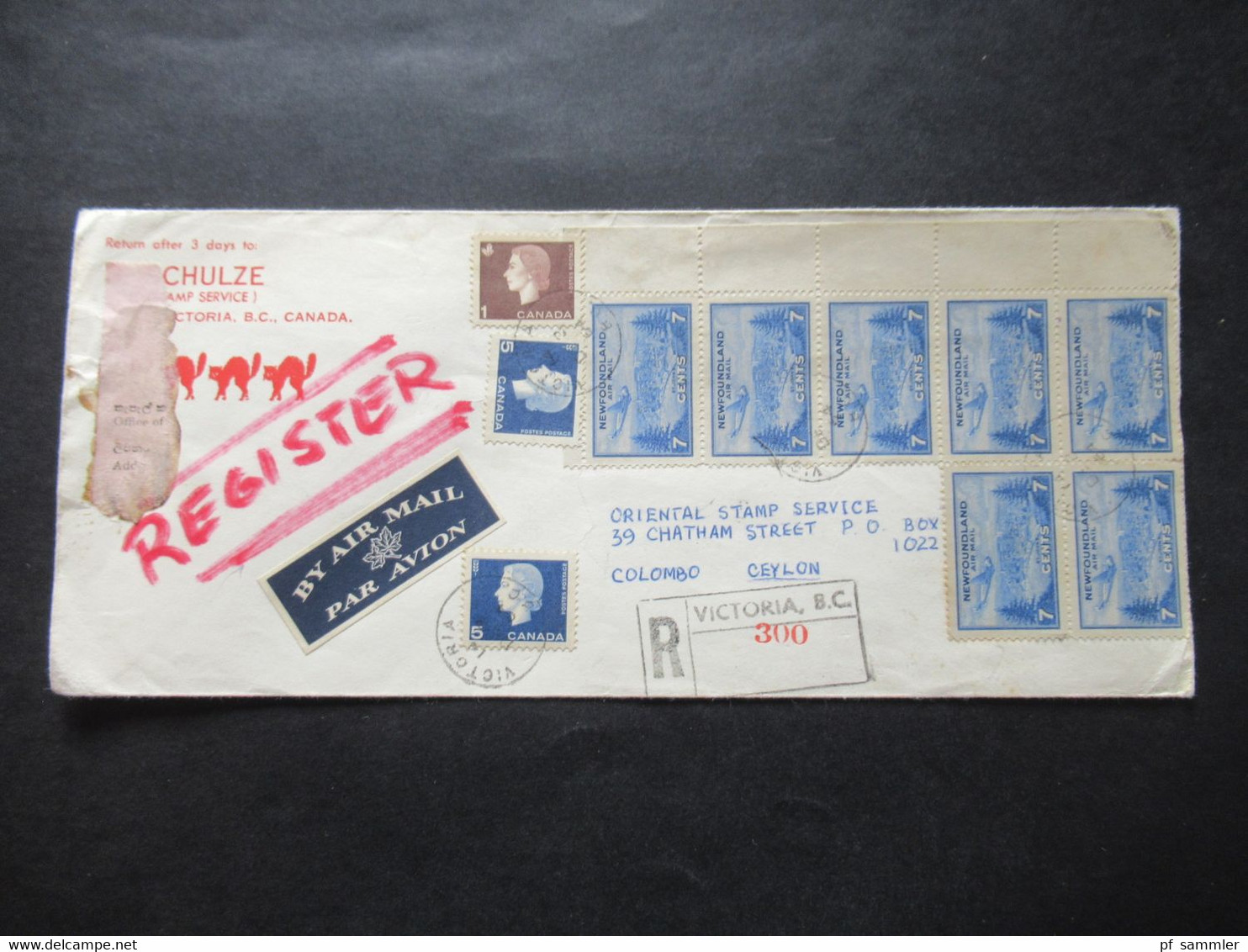 Kanada 1964 Einschreiben Luftpost Victoria B.C. Nach Colombo Ceylon New Foundland Air Mail Marke Als 7er Einheit / Rands - Storia Postale