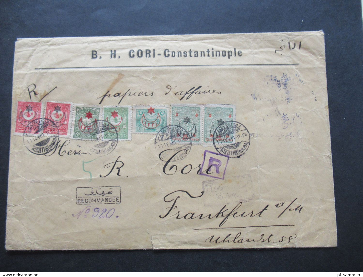 Türkei 1916 Zur Zeit Des 1.WK Einschreiben Recommandee B.H. Cori Constantinople Rücks. Grünes Papiersiegel - Cartas & Documentos