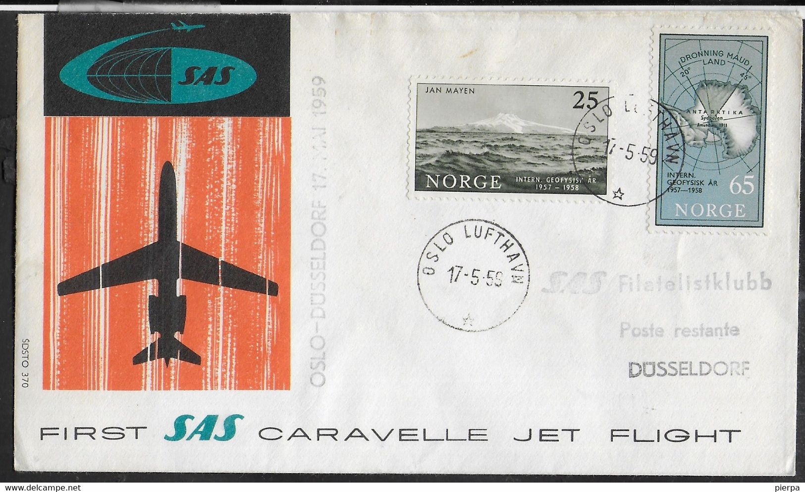 NORGE - PRIMO VOLO - FIRST FLIGHT SAS CARAVELLE - OSLO/DUSSELDORF - 17.5.1959 - SU BUSTA UFFICIALE - Lettres & Documents