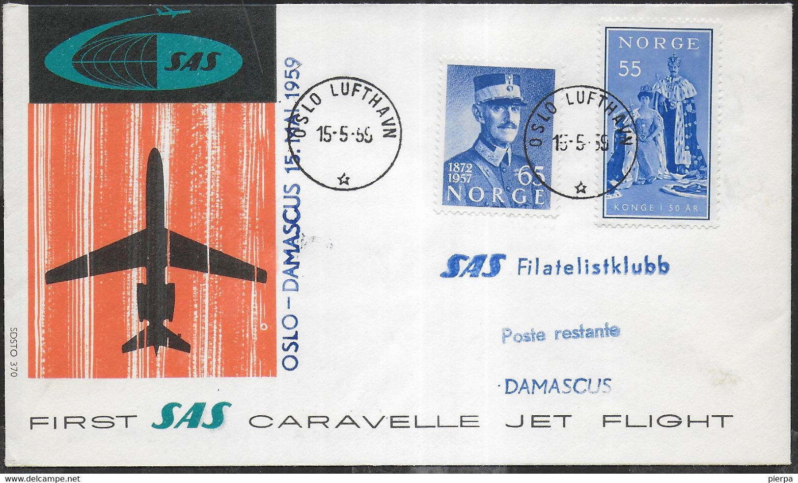 NORGE - PRIMO VOLO - FIRST FLIGHT SAS CARAVELLE - OSLO/DAMASCUS - 15.5.1959 - SU BUSTA UFFICIALE - Cartas & Documentos