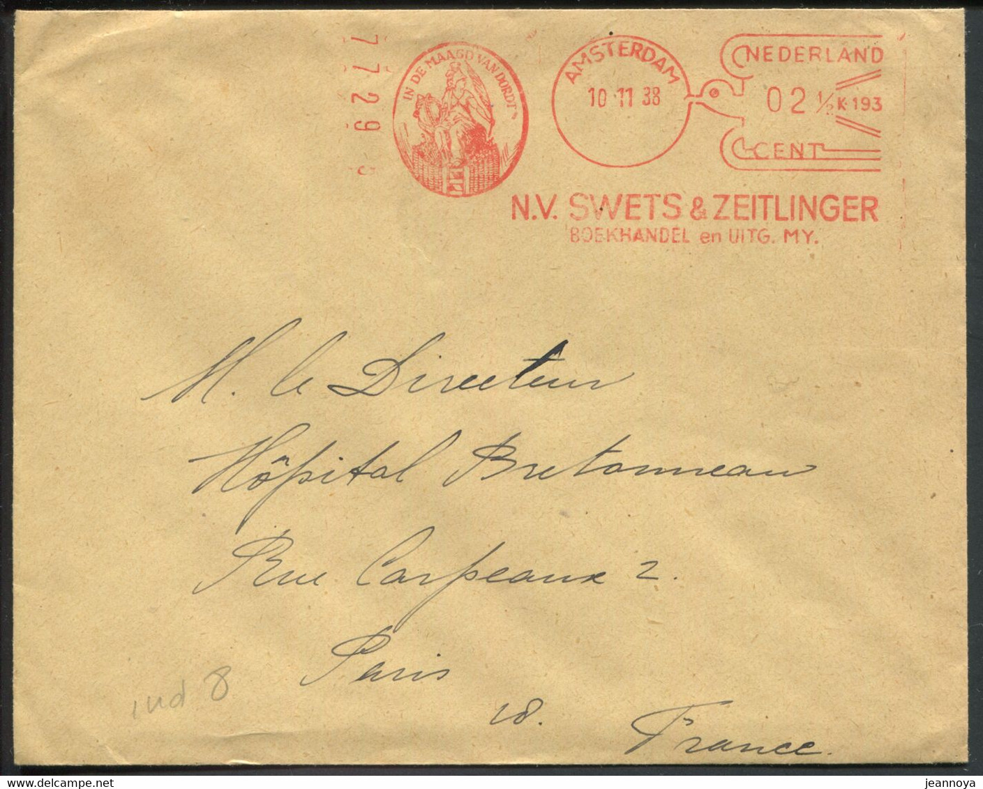 OISEAUX - PAYS BAS O.M. ROUGE " SWETS & ZEITLINGER " D'AMSTERDAM LE 10/11/1938 - TB - Mechanical Postmarks (Advertisement)