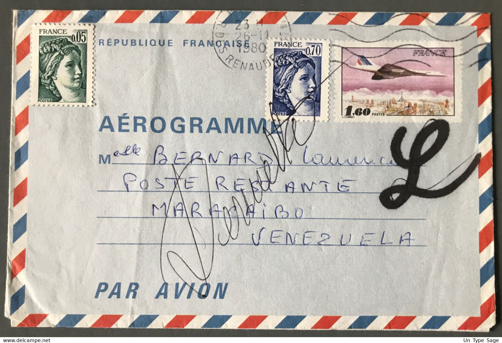 France Aérogramme N°1004-AER Pour Maracaibo, Venezuela - (C2094) - Aérogrammes