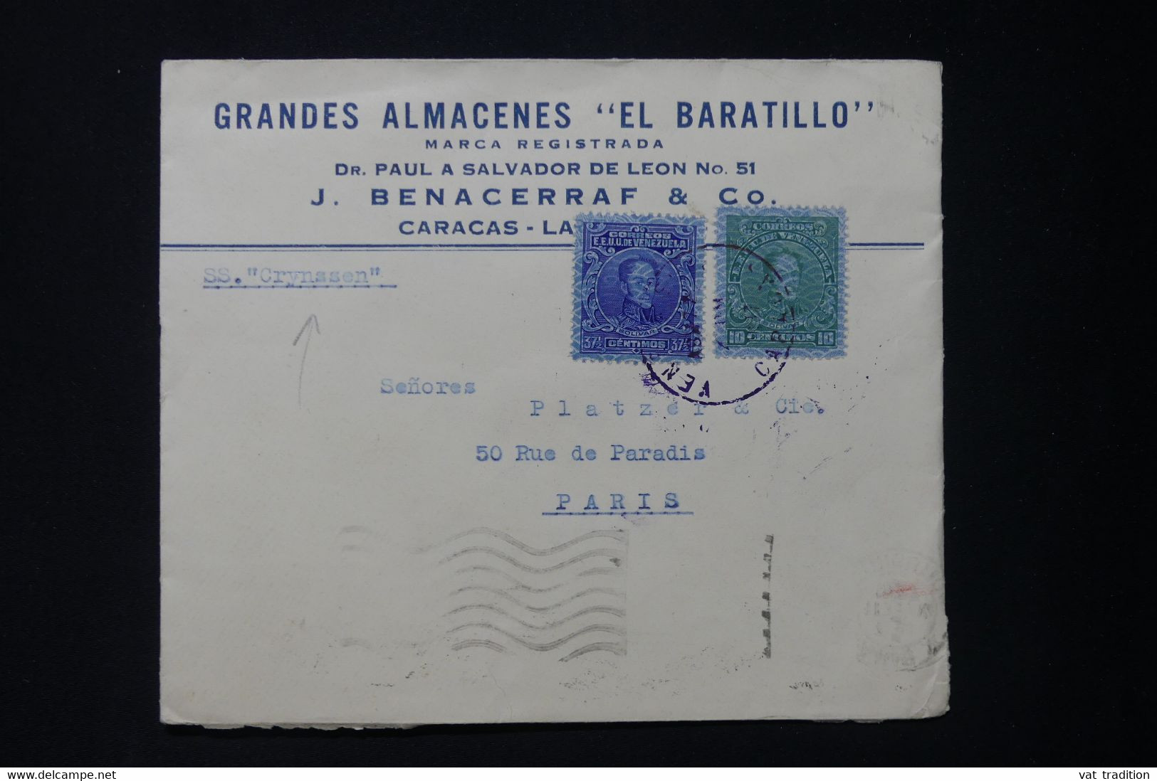 VENEZUELA - Enveloppe Commerciale De Caracas Pour La France En 1937 Par Le S/S Crynssen - L 83978 - Venezuela