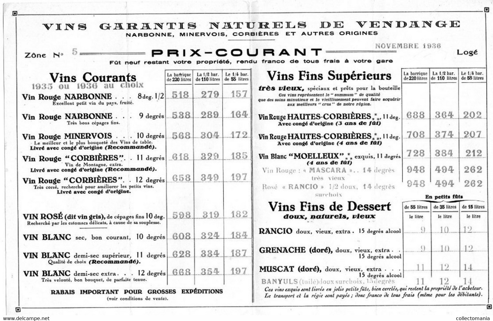 1 Carte Pliante Prix Courant 1936 Limouzy Fils Aîné Narbonne Au Les Vins De France Coopération Roquette  St Mamert Gard - Wine