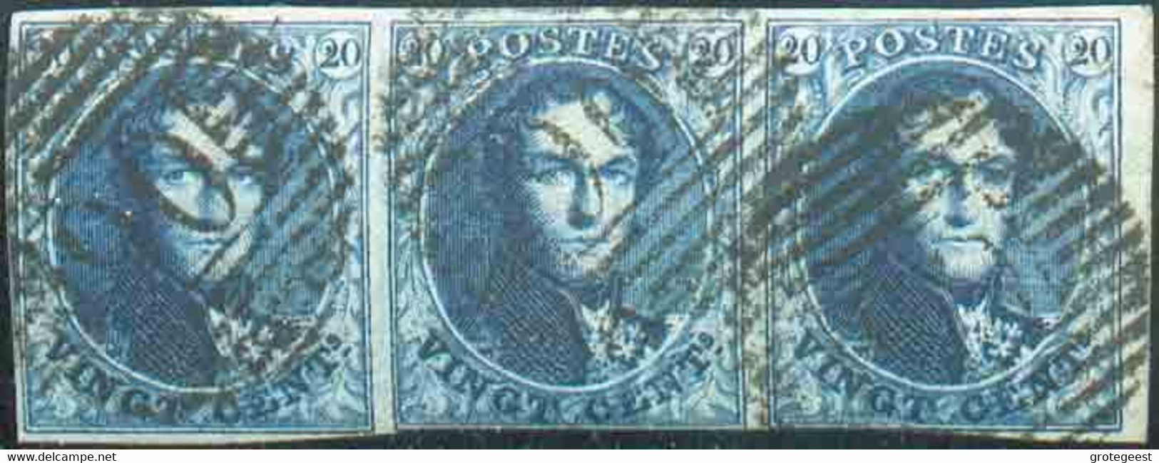 N°4(3) - Médaillons 20 Centimes Bleus En Bande De Trois, Bdf Droit, 1 Ex. Margé, 2 Au Filet En Bas, Obl. P.90 OSTENDE bi - 1849-1850 Médaillons (3/5)