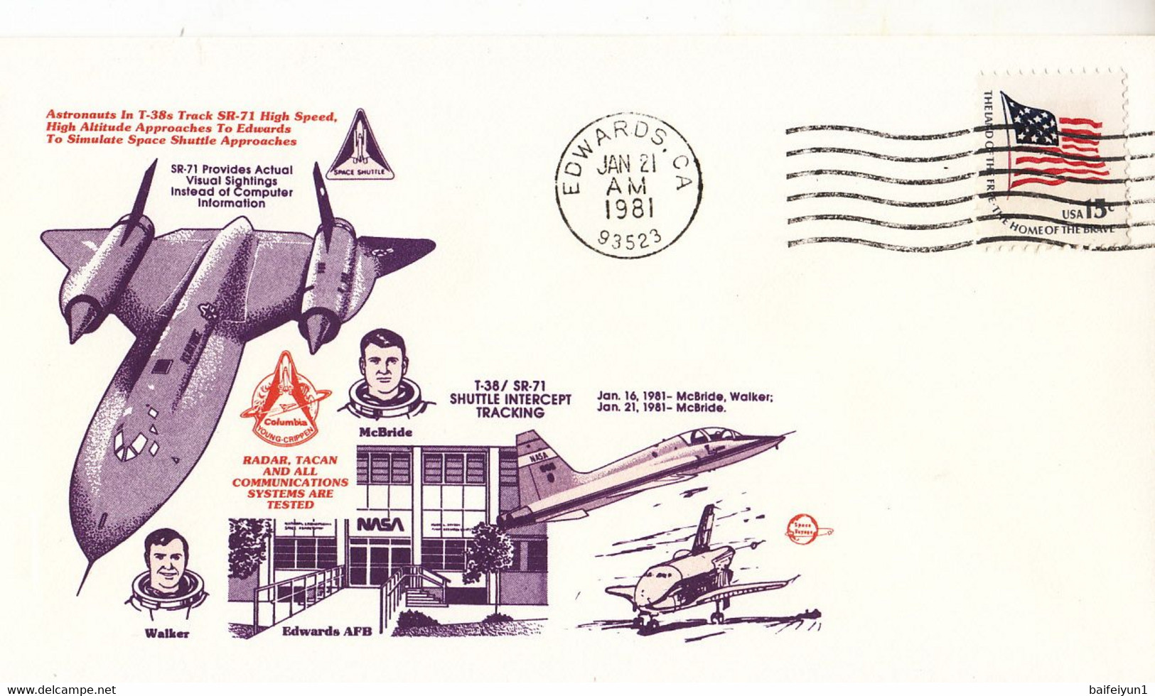 USA 1981 T-38/SR-71 Shuttle Intercept Tracking Commemorative Cover B - Noord-Amerika