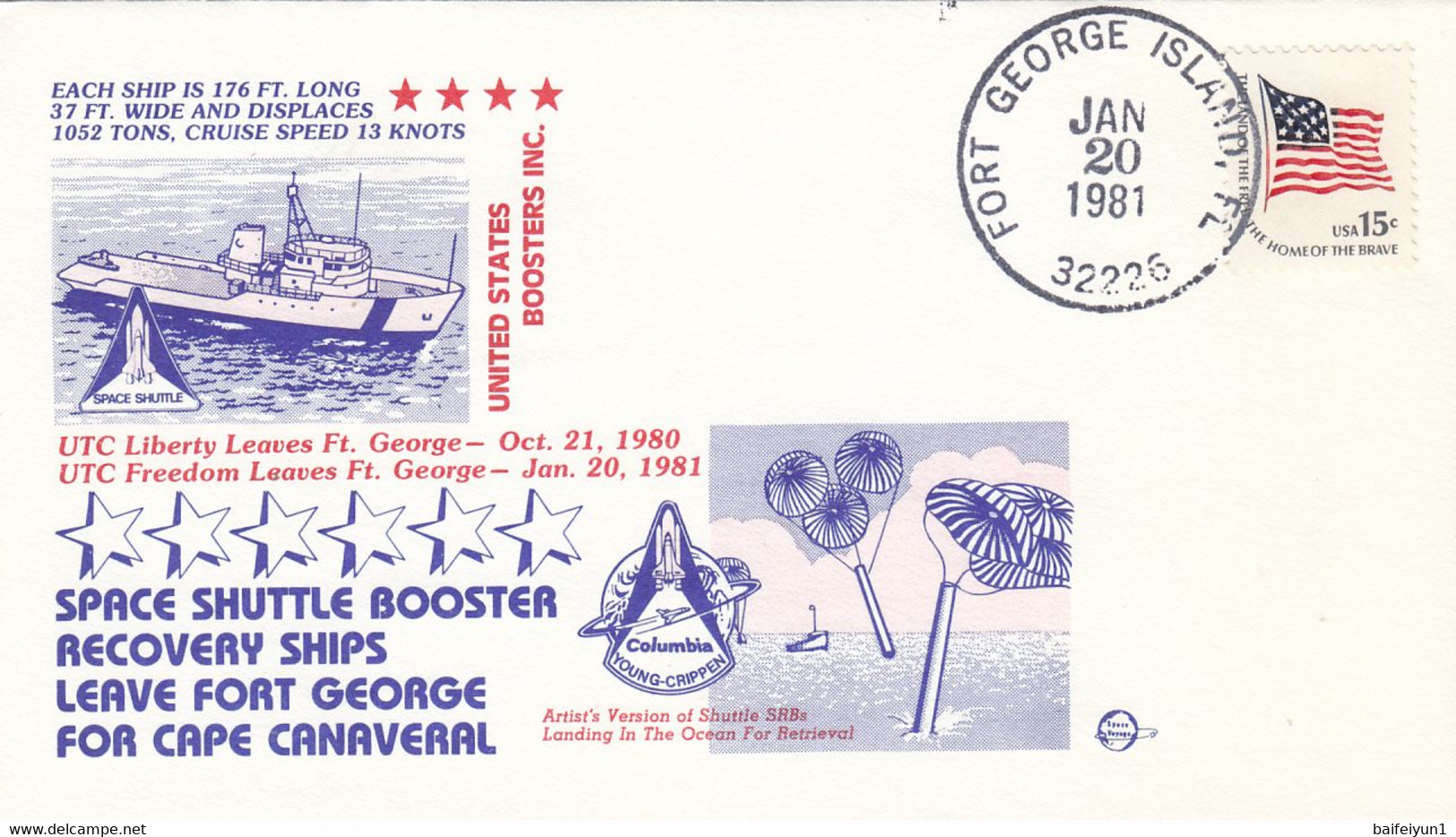 USA 1981 Space Shuttle Booster Recovery Ships Leaves Fort George Commemorative Cover - América Del Norte