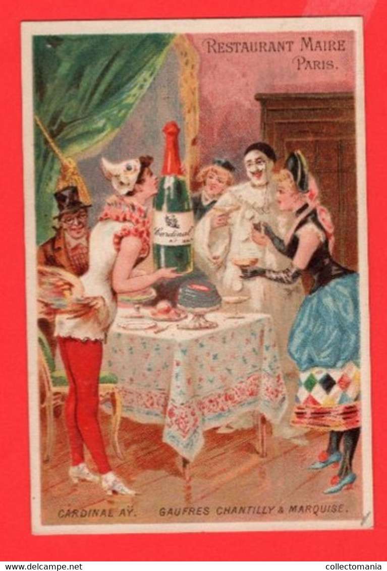 6 Chromo Litho Restaurant Maire Paris Cardinal Aÿ Caves Maire  Champagne Charbonnier Mousseux 1878 Pierrot Harlechino TB - Champagner & Sekt