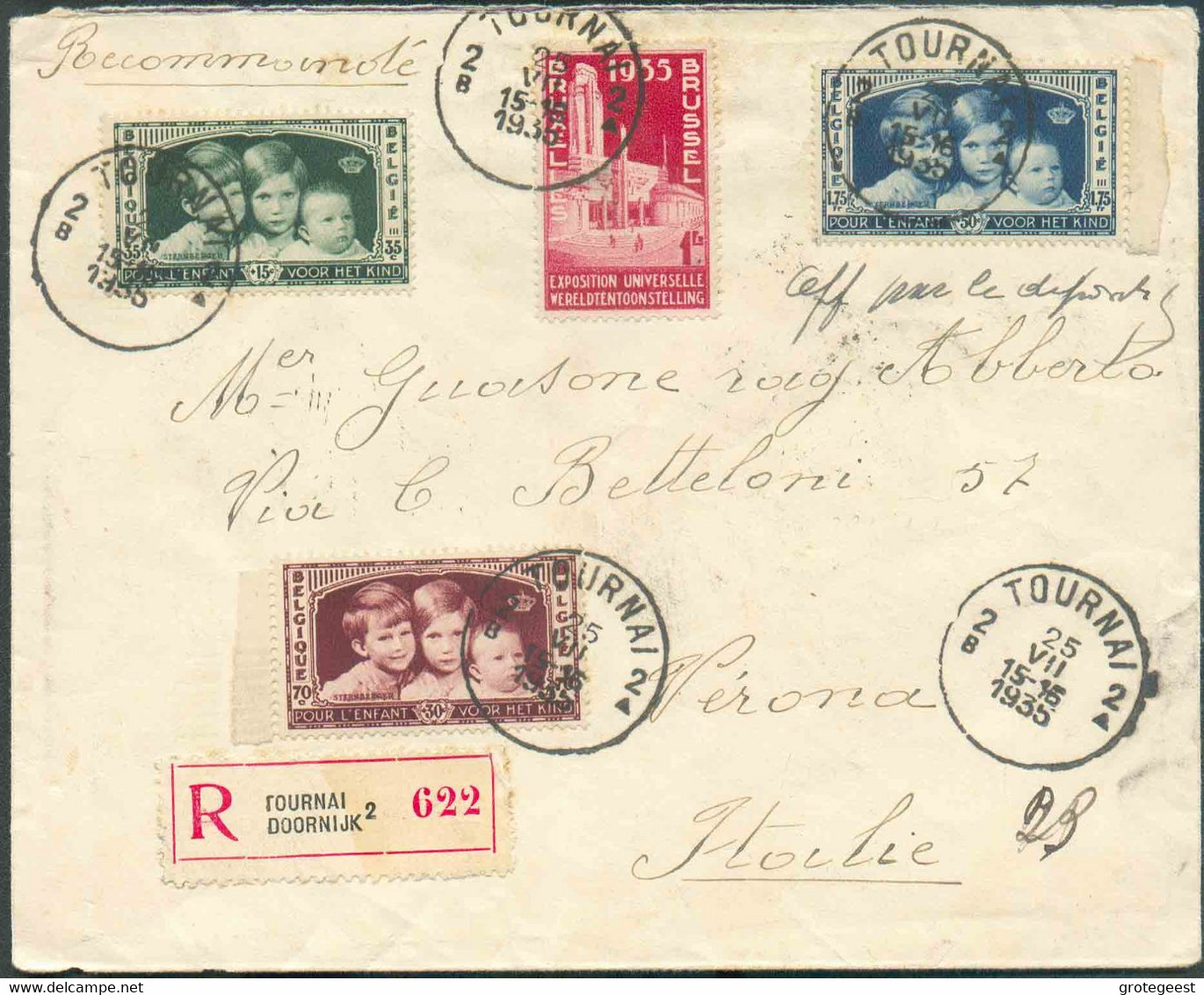 N°387-404/406 - TB Affranchissement 4 Couleurs Dt ENFANTS ROYAUX obl. Sc TOURNAI 2 sur Lettre Recommandée Du 25-VII-1935 - Covers & Documents