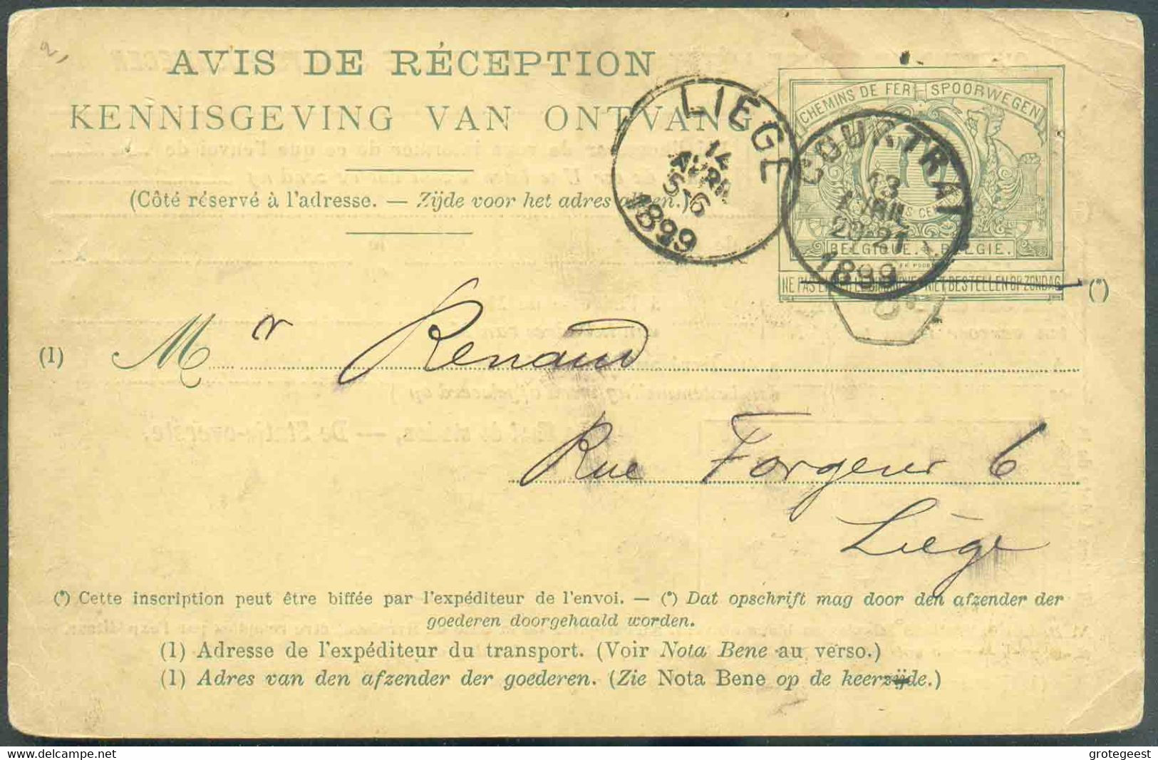 Avis De Réception E.P. Carte 10 Centimes Obl. Sc COURTRAI 13 Avril 1899 vers Liège. Au Verso : Cachet Ferroviaire COURTR - Other & Unclassified