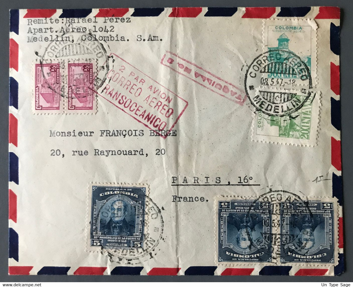 Colombie, Divers Sur Enveloppe De Medellin Pour Paris 3.5.1947 + Griffe CORREO AEREO TRANSOCEANICO - (C2020) - Kolumbien