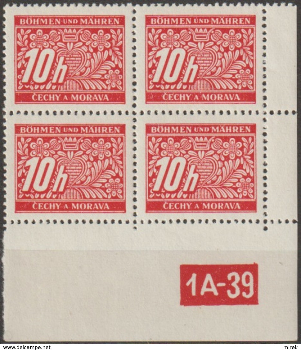 11a/ Bohemia & Moravia; Due Stamps - ** Nr. DL 2 - Corner 4-block, Perforated Border, Plate Mark 1A-39 - Neufs