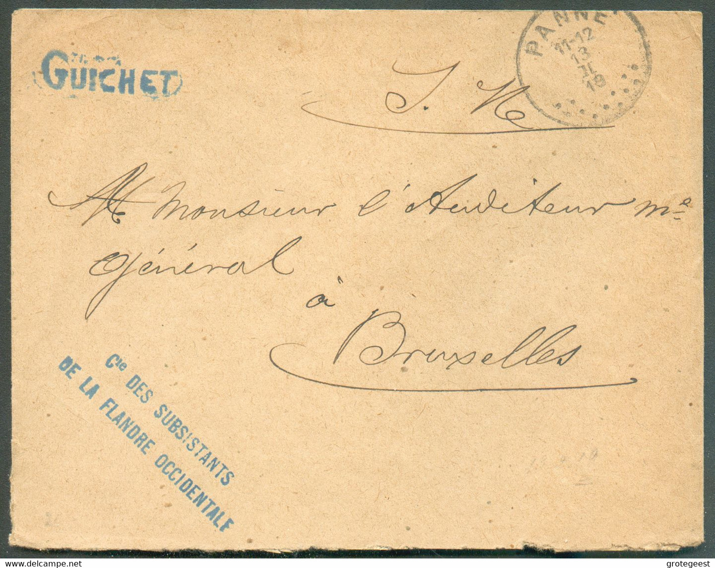 Lettre En S.M. Avec Obl; Sc PANNE 13-II-1919 (12 Points) + Griffes Bleues Cie DES SUBSISTANTS DE LA FRANDRE OCIDENTALE + - Not Occupied Zone