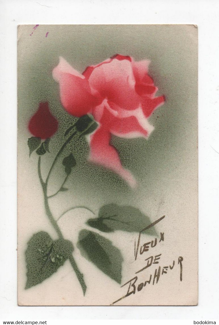 Illustration  De   Maurice  Houillon  -  Une  Rose    -  "  Voeux  De  Bonheur  " - Fiori