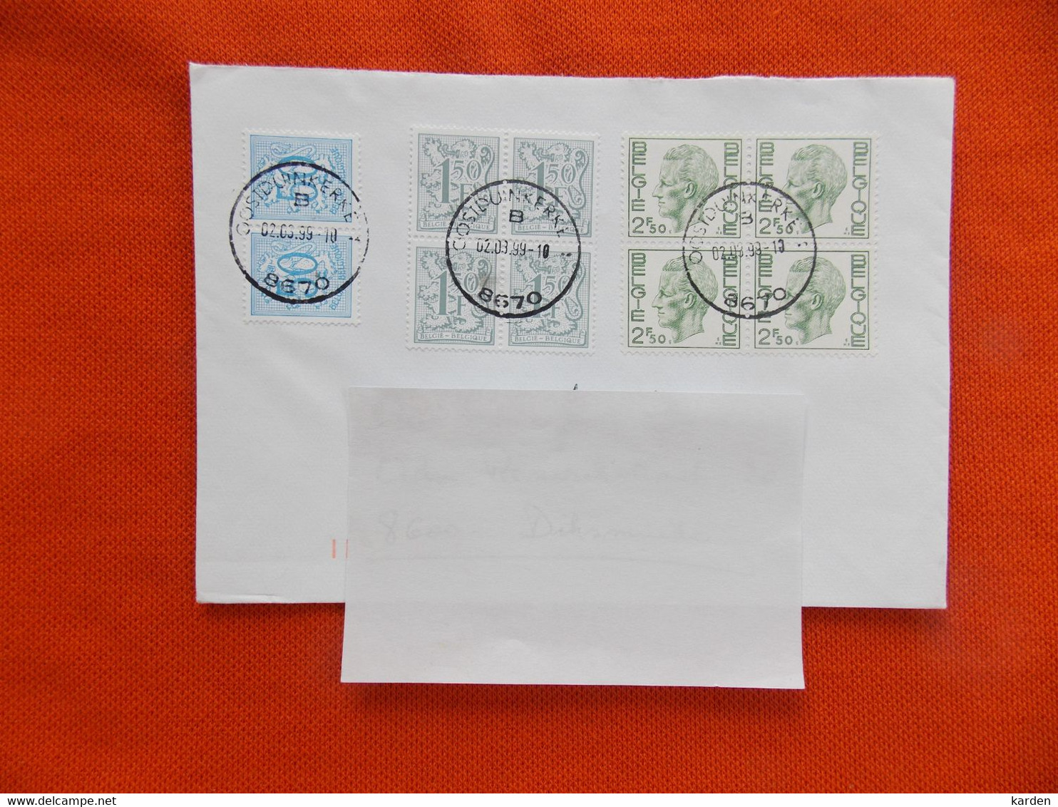 België Omslag Verstuurd 1999 Zegels 4 X Boudewijn 2.50 Fr. 6 X Heraldieke Leeuw  ( 1.50 Fr En 50 Cent ) - Autres & Non Classés