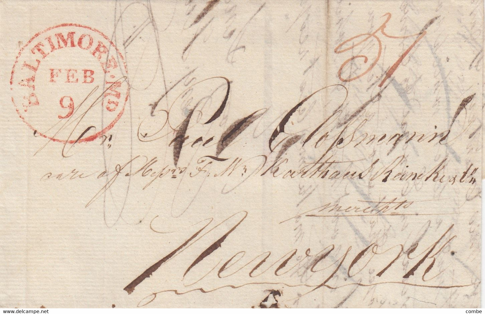 LETTER. BALTIMORE. 9 2 1815. BENJAMIN HURITHAL TO PAUL CLOSSMANN NEW-YORK. DUE 5 RED    /  2 - …-1845 Préphilatélie