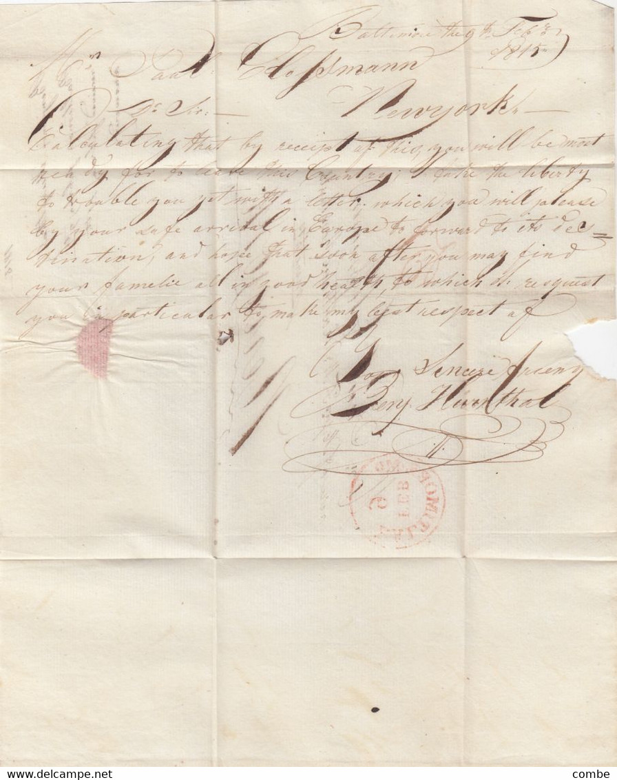 LETTER. BALTIMORE. 9 2 1815. BENJAMIN HURITHAL TO PAUL CLOSSMANN NEW-YORK. DUE 5 RED    /  2 - …-1845 Prephilately