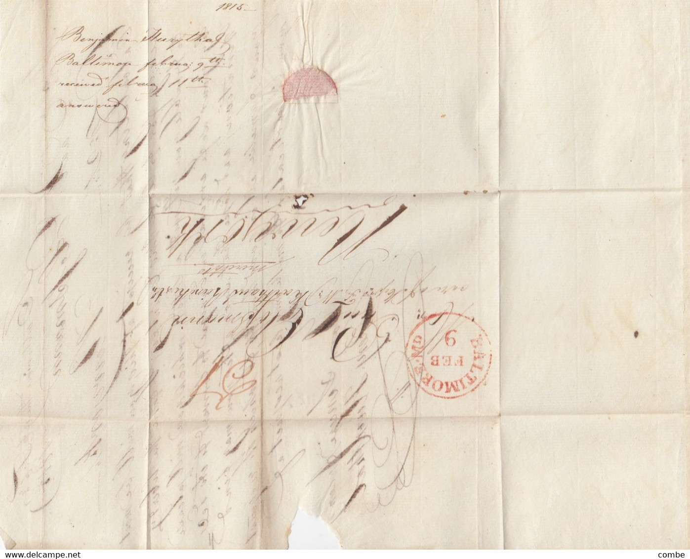 LETTER. BALTIMORE. 9 2 1815. BENJAMIN HURITHAL TO PAUL CLOSSMANN NEW-YORK. DUE 5 RED    /  2 - …-1845 Vorphilatelie